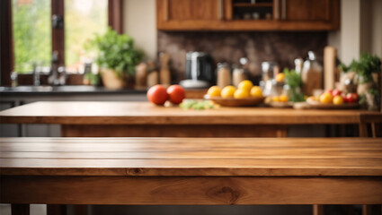 Empty wooden table and blurred kitchen background, product display montage.