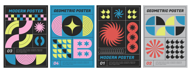 Modern geometric posters with abstract futuristic shapes. Vector flyers collection with colorful graphic elements, simple figures and headers in brutalist style. Covers collection with trendy prints.