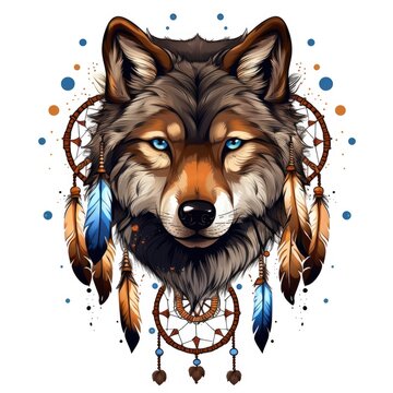 A drawing of a wolf with a dream catcher. Digital art. Tribal-inspired design.