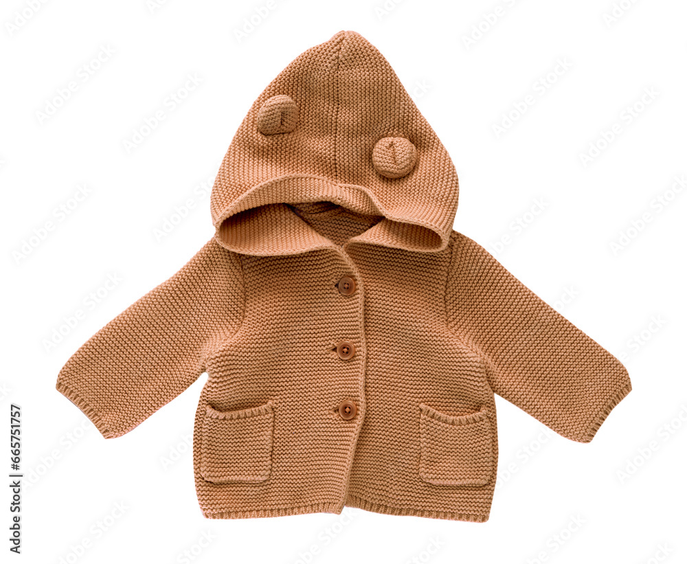 Wall mural brown knitted baby cardigan, winter woolen clothes. child's sweater isolated.