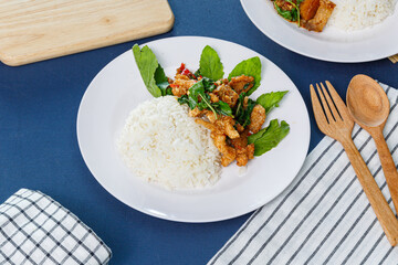 Crispy Chicken with Holy Basil with rice - Asian local street food style - Thai local food style
