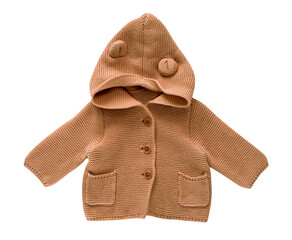 Brown knitted baby cardigan, winter woolen clothes. Child's sweater isolated.