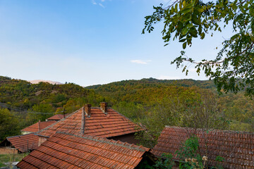 Fototapeta na wymiar Autumnal village panorama showcasing house rooftops against a backdrop of hills adorned in golden autumnal hues on a sunny day