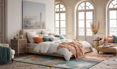Photo of a cozy bedroom with a luxurious bed and an exquisite artwork hanging on the wall - obrazy, fototapety, plakaty