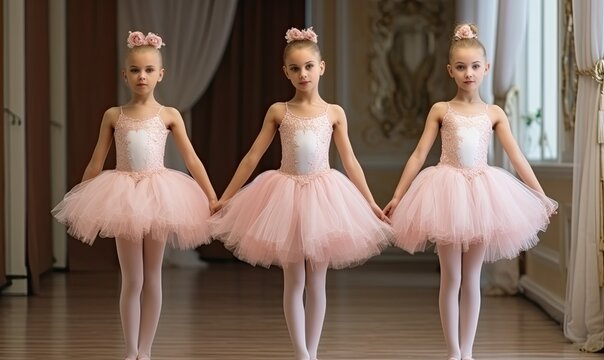 Photo of three young ballerinas in pink tutu skirts