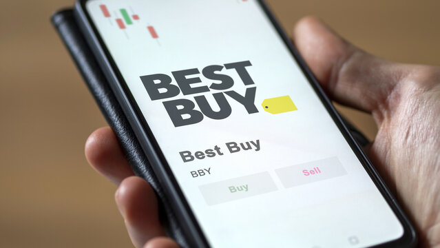 21th October 2023 Richfield, Minnesota. The logo of Best Buy on the screen of an exchange. Best Buy price stocks, $BBY on a device.