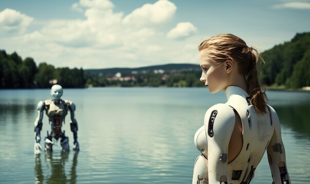 Photo of a woman in a futuristic robot suit submerged in water