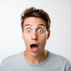 Portrait of a young caucasian man looking at the camera shocked with open mouth and wide open eyes isolated on a white background