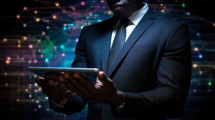 Young black african american business man holding a tablet with data and graphics in the background