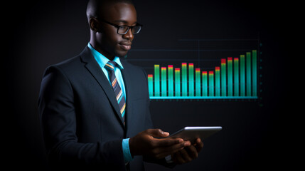 Young black african american business man holding a tablet with data and graphics in the background