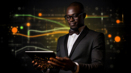 Young black african american business man holding a tablet with data and graphics in the background