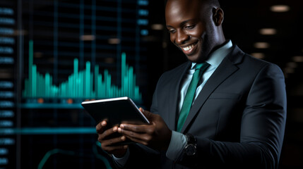Young black african american business man holding a tablet with data and graphics in the background