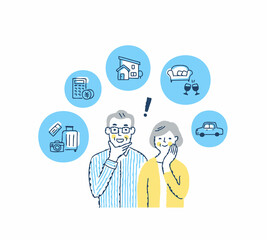 笑顔のシニアカップルと生活アイテムアイコン