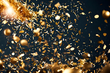 Experience the Festive Confetti Explosion: Golden confetti and lights bursting into the air, capturing the pure joy and excitement of the holiday season. Let the celebrations begin - obrazy, fototapety, plakaty