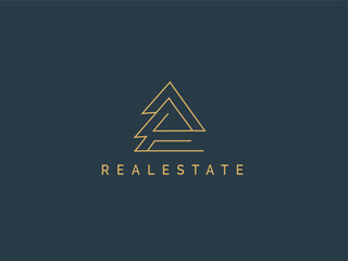 Real estate logo modern simple vector. Gold linear Style House icon can be use for company, construction. Business building Logo Design element.