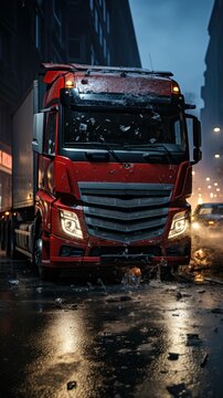 a harrowing moment captured in time: the immediate aftermath of a truck's devastating collision, amidst shattered glass and twisted metal. Ai Generated