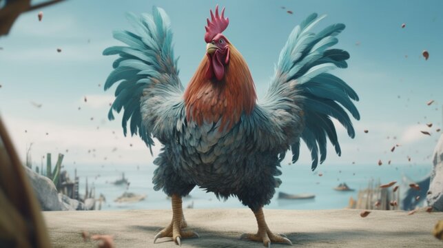 a rooster with muscular human arms and fat legs.Generative AI