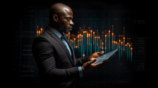 Young black african american business man holding a tablet with data and graphics in the background