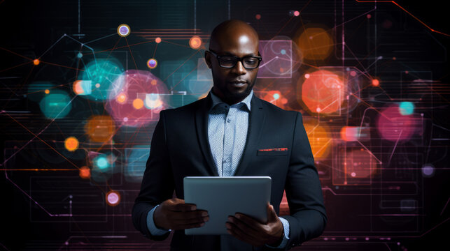 Young black african american business man holding a tablet with data and graphics in the background