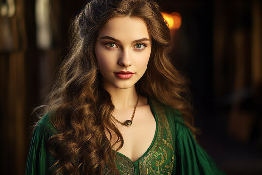Young woman in old medieval lady costume, long brown hair, vivid green eyes, confident, beautiful, wearing fantasy style clothes