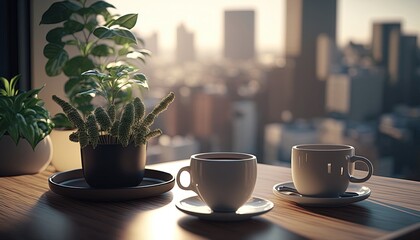 Coffee plant and coffee cups on top table morning - Powered by Adobe