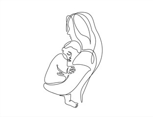 Happy Mother day card. Continuous one line drawing. Woman hold her baby. Vector illustration
