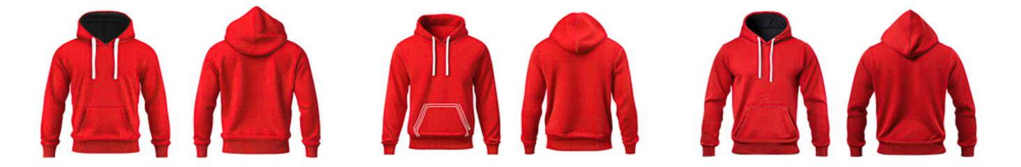 Collection of blank red male hoodie sweatshirts with long sleeves, men's hoodies with hoods for your design mockups for prints, template sport winter clothes. Isolated on a transparent background. - Powered by Adobe