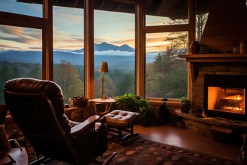 Breathtaking views of the mountains during sunset from the cozy room of the house, bright colors of the sky and serene natural landscape.