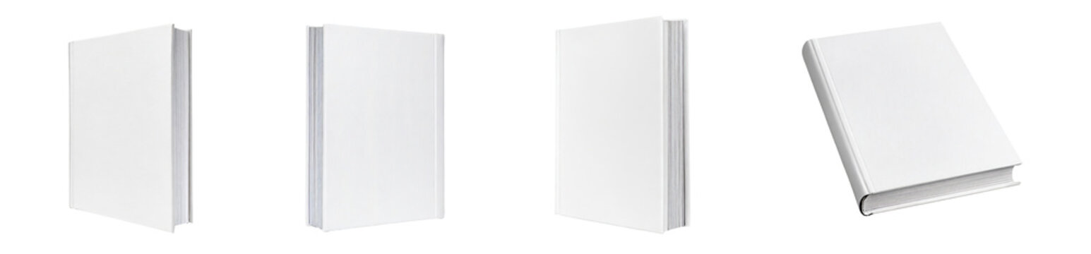 Set of white book cover mockups, front and side view perspectives, template designs, isolated on a transparent background. PNG, cutout, or clipping path.
