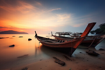 Tranquil Twilight on Koh Mak Beach: Soft Focus Long Exposure Captures the Timeless Beauty of Traditional Thai Boats Anchored Near the Shore During a Warm-Toned Sunset