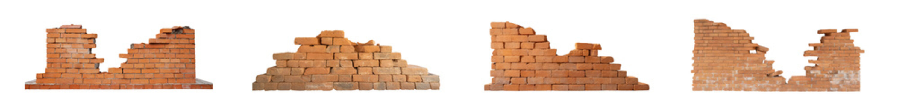 Fototapeta Set of ruined, collapsed, cracked, or broken weathered red brick walls, isolated on a transparent background. PNG, cutout, or clipping path.