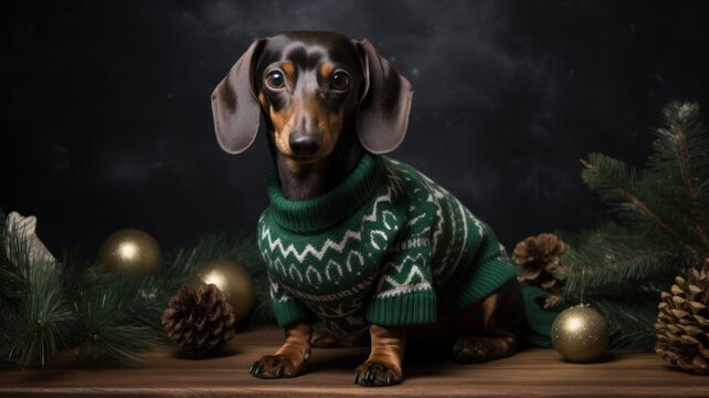 A Festive Dachshund in a Green Christmas Sweater: A Charming and Colorful Watercolor of a Canine Celebrating the Holidays