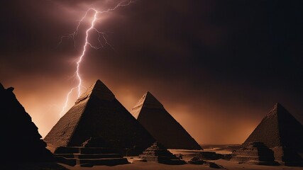 pyramid at night _A dramatic scene of some great pyramids and lightning, creating a contrast of light and dark.   - obrazy, fototapety, plakaty