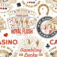 Gambling, casino seamless pattern with wheel of fortune, two dice and skeleton hand holding dollar silhouette. Vector. Concept for casino pattern background or wallpaper.