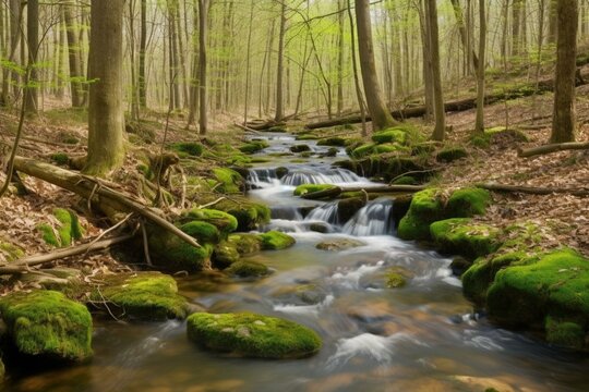 A peaceful stream of water flowing in a spring brook. Generative AI