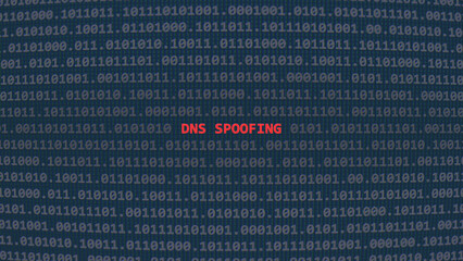 Cyber attack dns spoofing. Vulnerability text in binary system ascii art style, domain name system code on editor screen. Text in English, English text