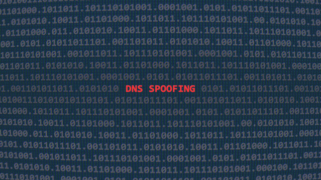 dns spoofing attack. Vulnerability text in binary system ascii art style, domain name system code on editor screen. Text in English, spoofing vulnerability.