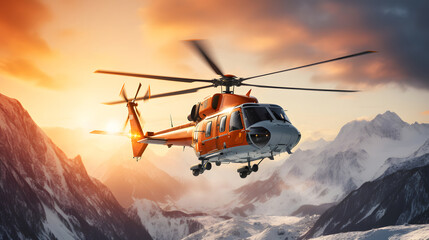 Fototapeta na wymiar Rescue helicopter flies over snowy mountains, with setting sun at background