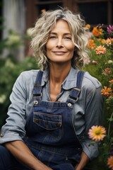 Obraz premium A woman sitting in front of a bunch of flowers. Portrait of middle-aged gardener.