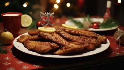 Close-Up of Traditional Polish Christmas Carp Dish of Fried Carp Fish Slices on Ceramic Plate