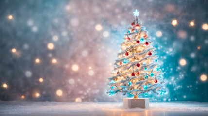 Christmas tree with lights and bokeh background. Xmas and New Year concept. Illustration with copy space for design, template, backdrop, wallpaper