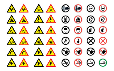 Set of safety equipment and mandatory signs. Construction health and work safety icons, hands away, safety helmet, gloves, ear and eye protection, mask, no access, no smoking, smoking zone. Vector. - obrazy, fototapety, plakaty