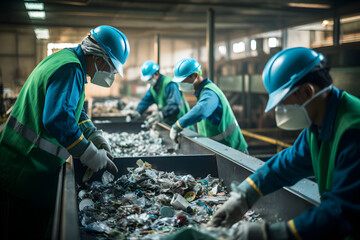 Workers sorting trash on conveyor belt, organizing trash to be recycled