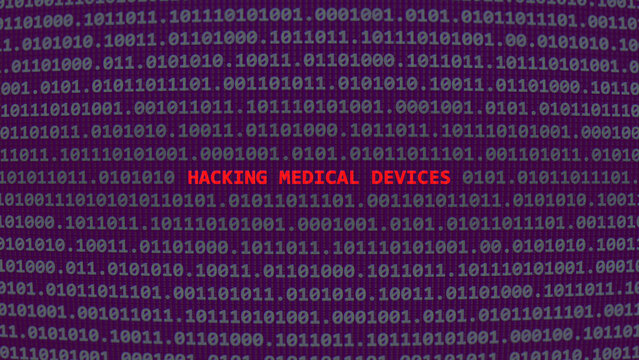 Cyber attack hacking medical devices. Vulnerability text in binary system ascii art style, code on editor screen. Text in English, English text