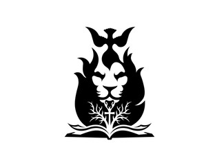 Christian tattoo, logo with burning bush, lion, cross, bible, lamb and dove 