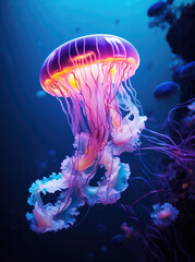 A Mesmerizing Display of Colorful Jellyfish Gliding Through the Depths of the Open Sea