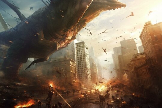City under attack by colossal creatures. Generative AI