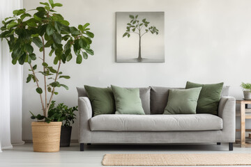 A cozy living room oasis featuring a stylish couch adorned with plush pillows, accompanied by a vibrant houseplant in a decorative vase against a sleek wall design