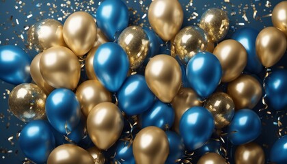 A festive background for various occasions with a holiday theme. It has ribbons, confetti and balloons in blue and gold colors.