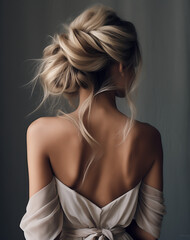 a blond model in a messy braided bun updo